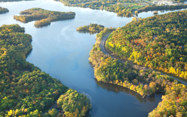 An aerial image of a waterway